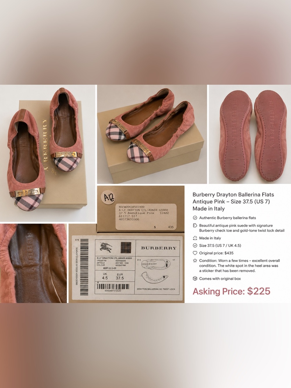 Burberry Antique Pink Ballerina Flats with Check Cap Toe